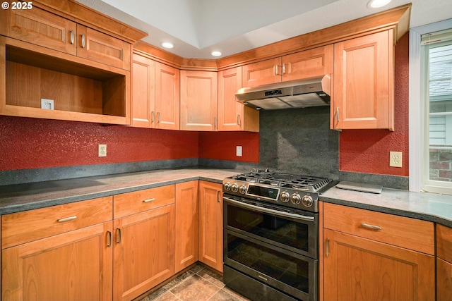 533 Fountain Ct, Keizer, OR 97303 - kitchen featuring range with two ovens, under cabinet range hood, healthy amount of natural light, recessed lighting, and open shelves