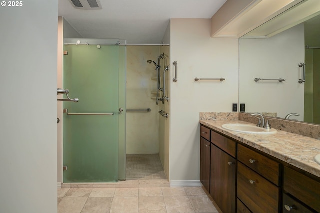 533 Fountain Ct, Keizer, OR 97303 - bathroom featuring a walk in shower, double vanity, and tile patterned flooring