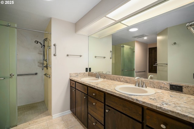 533 Fountain Ct, Keizer, OR 97303 - bathroom with tile patterned floors, a walk in shower, double vanity, and recessed lighting