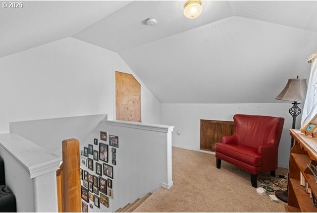 680 S Alfalfa St, Heppner, OR 97836 - living area with an upstairs landing, lofted ceiling, and carpet flooring