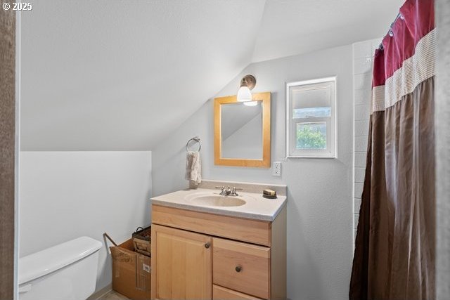 680 S Alfalfa St, Heppner, OR 97836 - bathroom featuring vaulted ceiling, vanity, and a shower with curtain