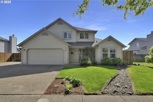 traditional-style house with a garage, a front lawn, fence, a shingled roof, and concrete driveway