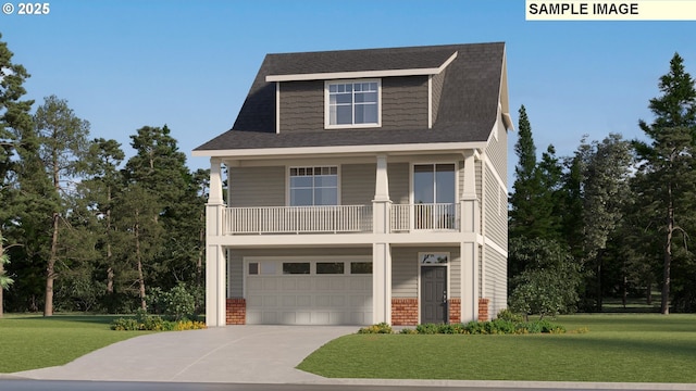 12198 SW Champlin Ln, Beaverton, OR 97007 - view of front of house with concrete driveway, a front yard, a balcony, an attached garage, and a shingled roof