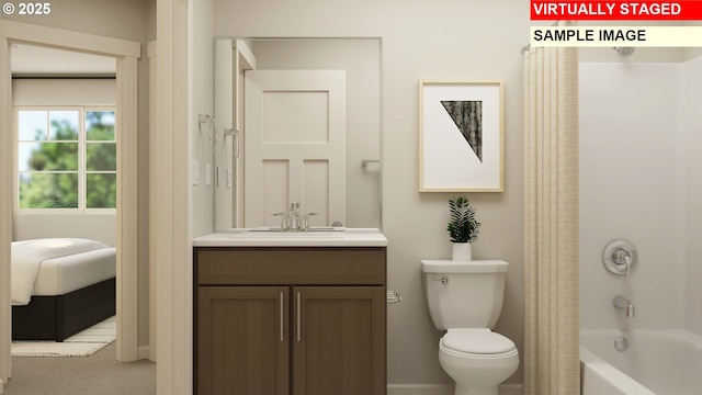 12198 SW Champlin Ln, Beaverton, OR 97007 - full bathroom with vanity, toilet, shower / bathtub combination with curtain, and baseboards