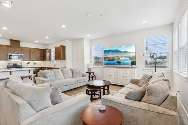 living room with sink and light wood-type flooring