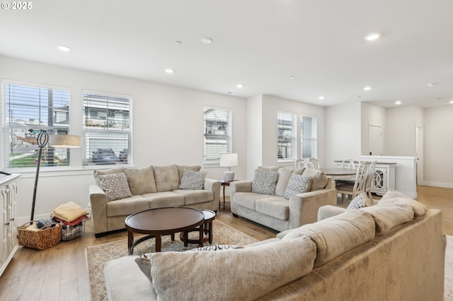 living room featuring light wood-type flooring and plenty of natural light