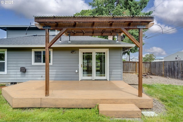 3017 SE Brookwood Ave, Hillsboro, OR 97123 - back of property with a fenced backyard, a deck, a shingled roof, a pergola, and a chimney