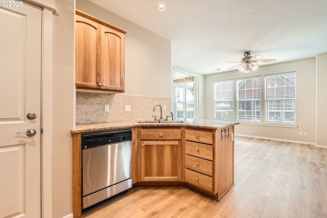 799 NE 70th Ave, Hillsboro, OR 97124 - kitchen with dishwasher, a sink, light wood-style flooring, a peninsula, and decorative backsplash