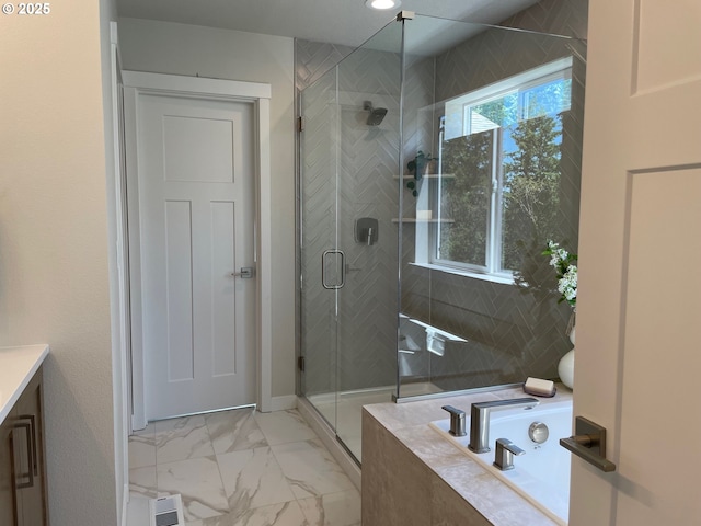 7839 SW Thornbridge Ter Unit 10, Beaverton, OR 97007 - full bath with a garden tub, a shower stall, vanity, and marble finish flooring