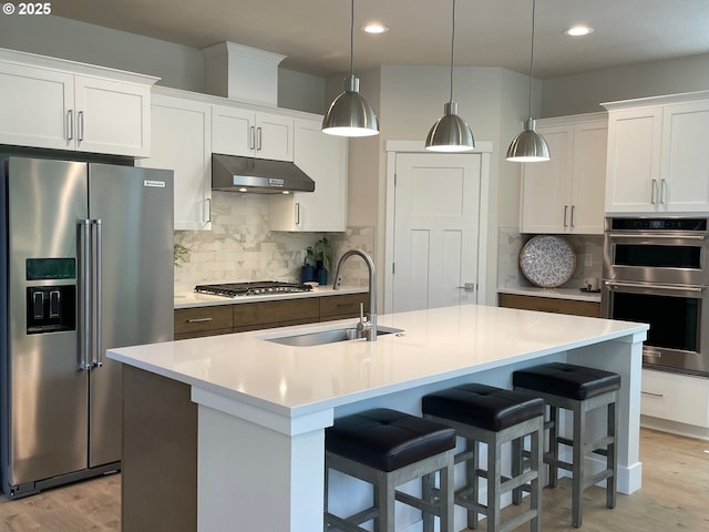 7839 SW Thornbridge Ter Unit 10, Beaverton, OR 97007 - kitchen featuring stainless steel appliances, under cabinet range hood, a sink, light wood-style flooring, and decorative backsplash