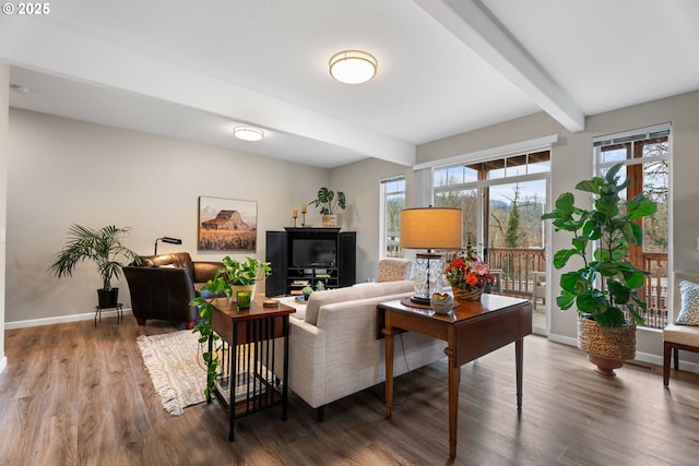 living room with hardwood / wood-style flooring and beam ceiling