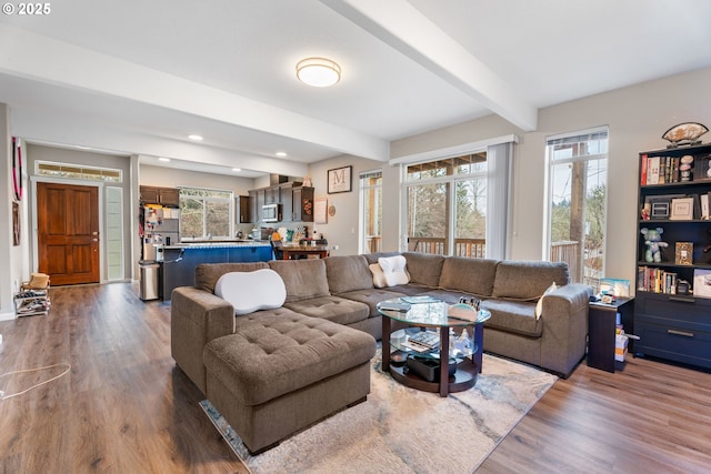 living room with dark wood-type flooring and beam ceiling