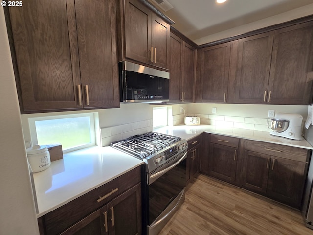 kitchen with stainless steel appliances, dark brown cabinets, and light hardwood / wood-style flooring