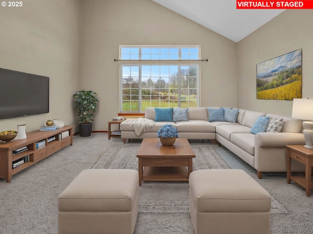 carpeted living room featuring high vaulted ceiling