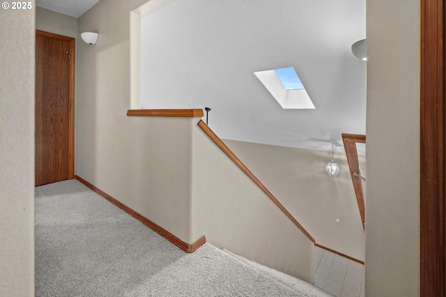 stairs featuring vaulted ceiling with skylight and carpet