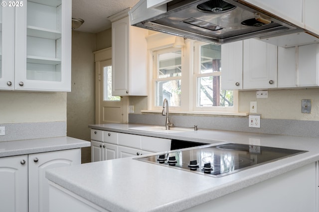 kitchen featuring under cabinet range hood, black electric stovetop, white cabinets, and a sink