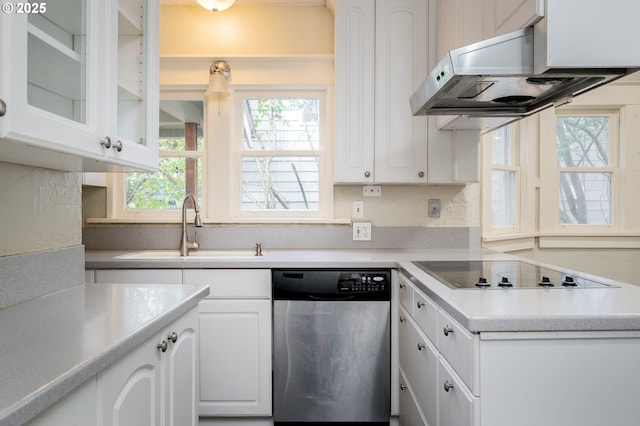 kitchen featuring black electric stovetop, stainless steel dishwasher, white cabinetry, a sink, and under cabinet range hood