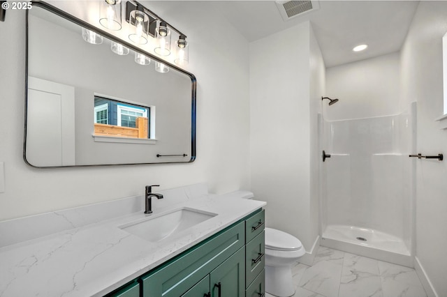 10729 NE Fremont St, Portland, OR 97220 - full bathroom featuring marble finish floors, a shower, baseboards, toilet, and vanity