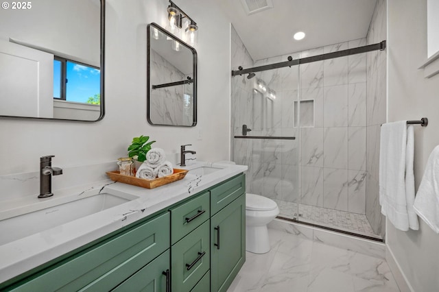 10729 NE Fremont St, Portland, OR 97220 - full bath featuring toilet, a marble finish shower, double vanity, marble finish floors, and recessed lighting