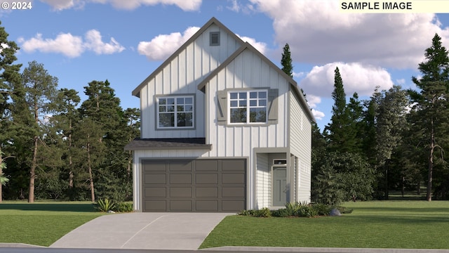 modern farmhouse with an attached garage, concrete driveway, board and batten siding, and a front yard