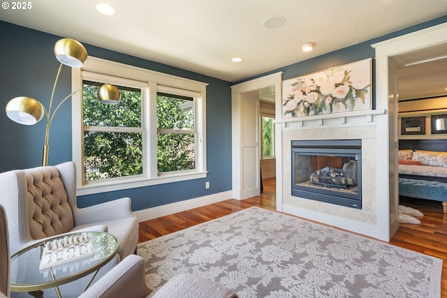 1046 NW Deerfern Loop, Camas, WA 98607 - living room with wood finished floors, recessed lighting, and a tile fireplace