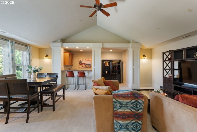 1046 NW Deerfern Loop, Camas, WA 98607 - living room featuring ornate columns, lofted ceiling, a ceiling fan, and recessed lighting