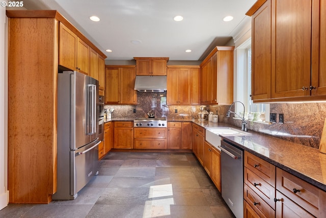1046 NW Deerfern Loop, Camas, WA 98607 - kitchen with appliances with stainless steel finishes, under cabinet range hood, dark stone countertops, recessed lighting, and tasteful backsplash