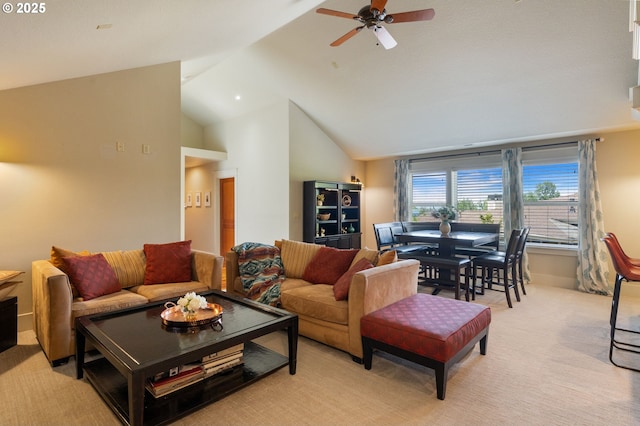 1046 NW Deerfern Loop, Camas, WA 98607 - living area with light carpet, ceiling fan, and high vaulted ceiling
