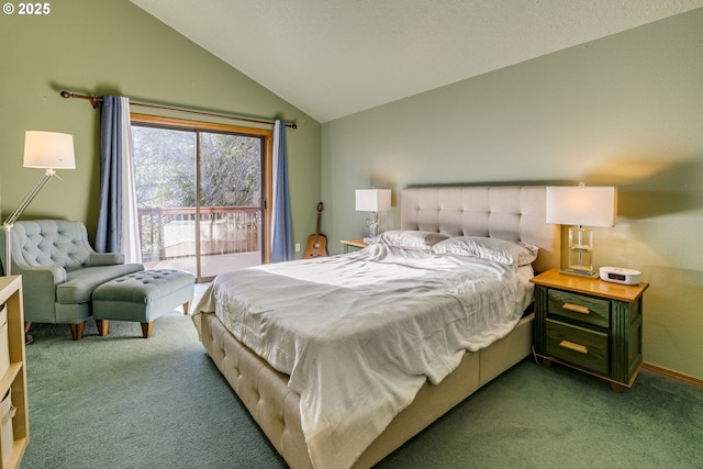 carpeted bedroom featuring vaulted ceiling and access to outside