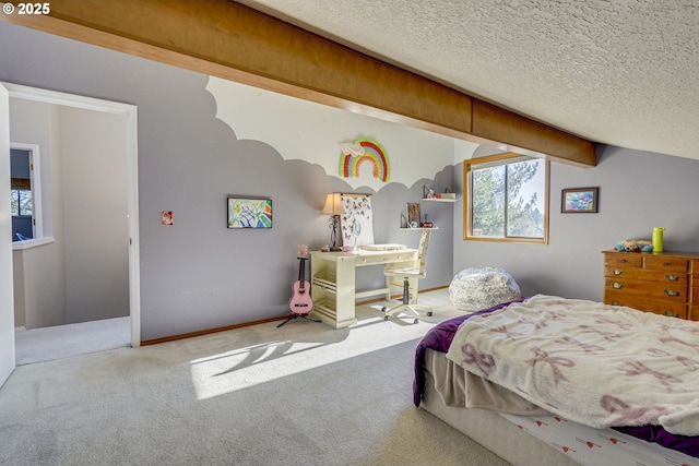 bedroom featuring lofted ceiling with beams, carpet floors, and a textured ceiling