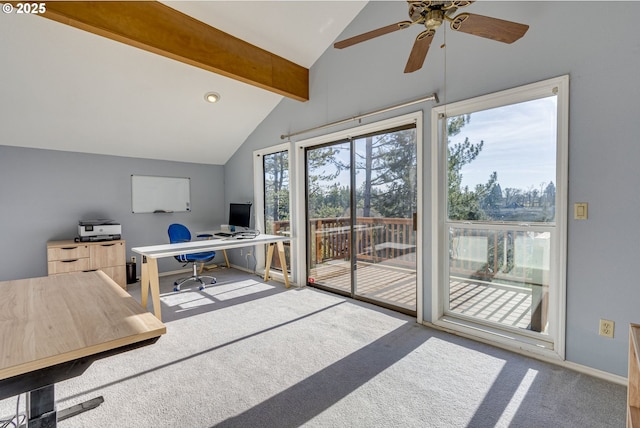 office with lofted ceiling with beams and carpet