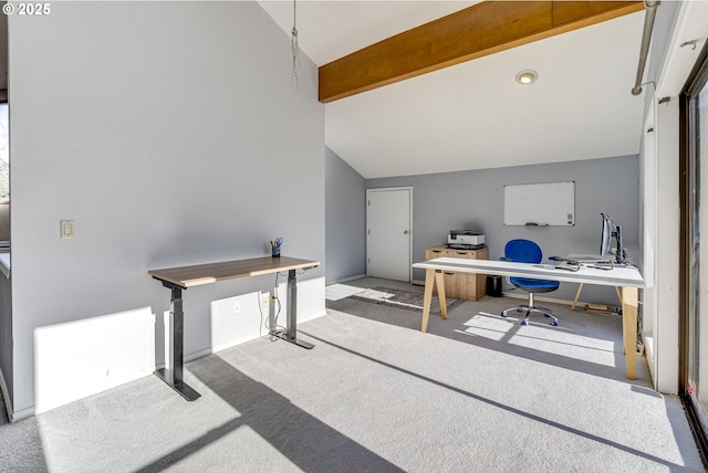 carpeted office featuring beam ceiling and high vaulted ceiling