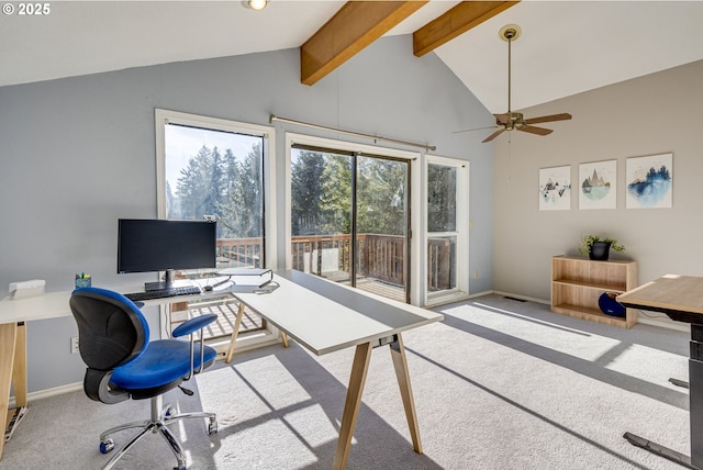 office area with lofted ceiling with beams and light carpet