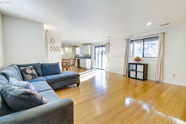 living room featuring light hardwood / wood-style flooring and a textured ceiling