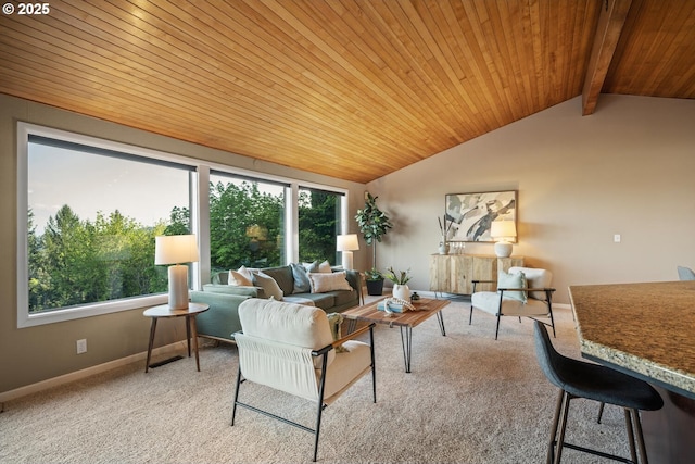 3110 NW Monte Vista Ter, Portland, OR 97210 - living room with wooden ceiling, baseboards, lofted ceiling with beams, and light carpet