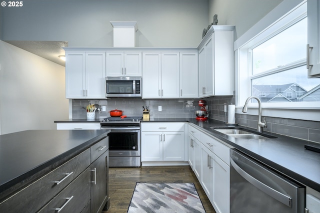 kitchen featuring appliances with stainless steel finishes, a sink, dark countertops, decorative backsplash, and white cabinetry