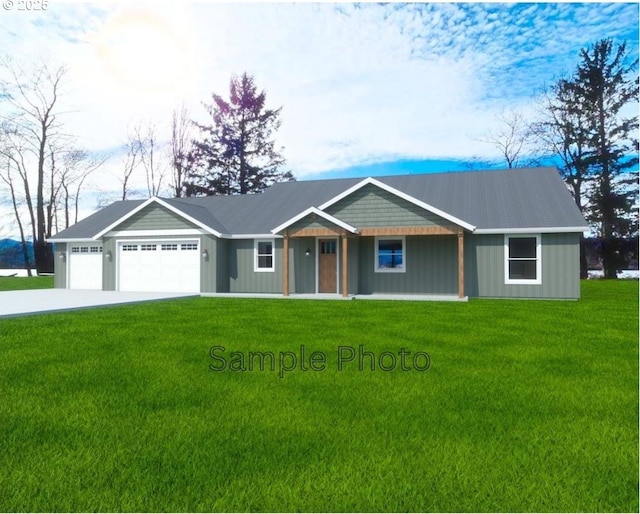 single story home featuring an attached garage, driveway, and a front lawn