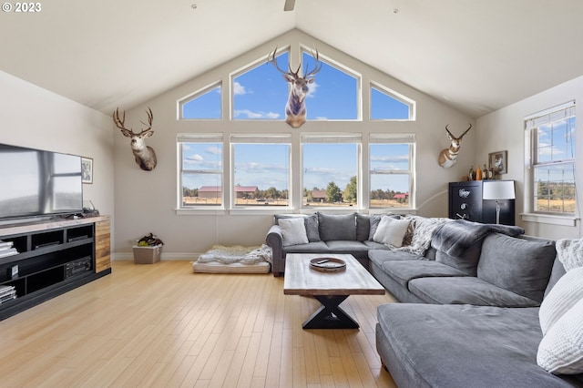 living room featuring high vaulted ceiling, a wealth of natural light, and light wood-type flooring