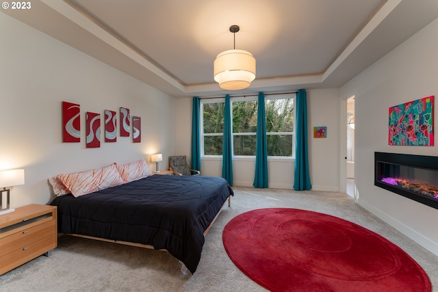 bedroom featuring a raised ceiling and light colored carpet