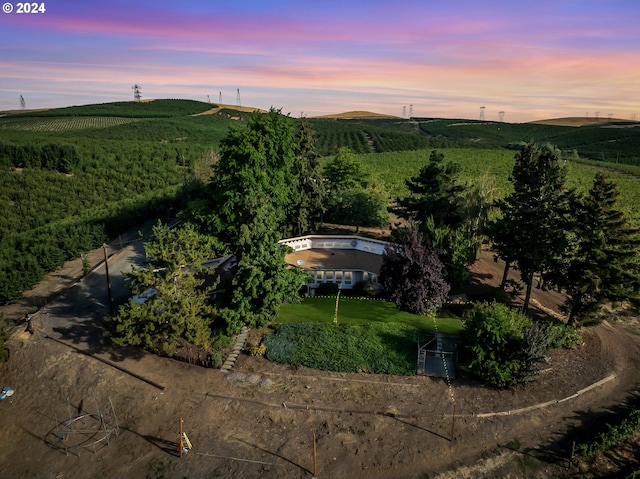 aerial view at dusk featuring a rural view