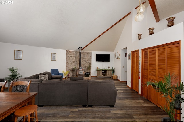 living room featuring high vaulted ceiling, a wood stove, and dark hardwood / wood-style floors