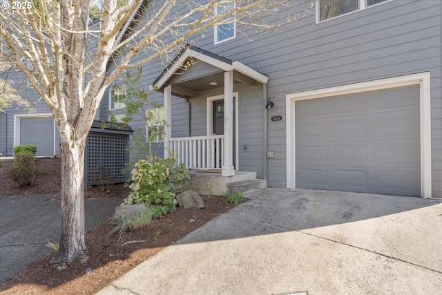 property entrance featuring concrete driveway and a garage
