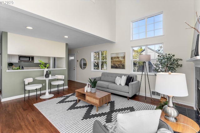 living area featuring baseboards and wood finished floors