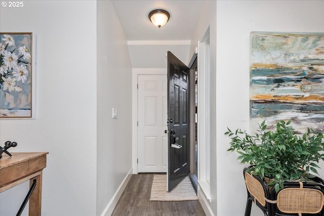 entryway featuring dark wood finished floors and baseboards