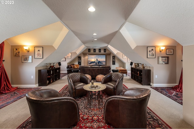 living room featuring light carpet, a textured ceiling, and lofted ceiling