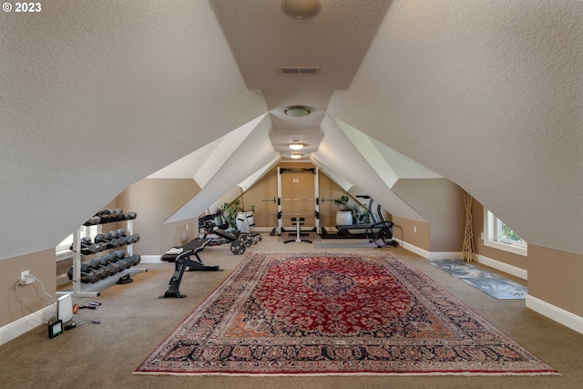 exercise room with a textured ceiling, vaulted ceiling, and carpet