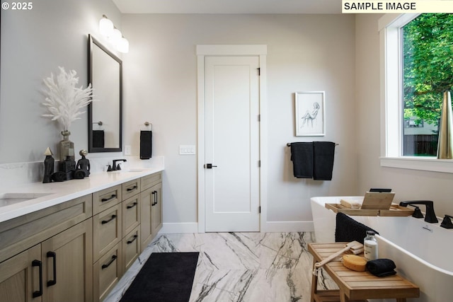 1103 S Mountain Pl, Ridgefield, WA 98642 - full bath featuring double vanity, a freestanding bath, and marble finish floors