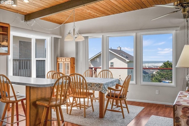 dining area with wood ceiling, healthy amount of natural light, beam ceiling, baseboards, and wood finished floors