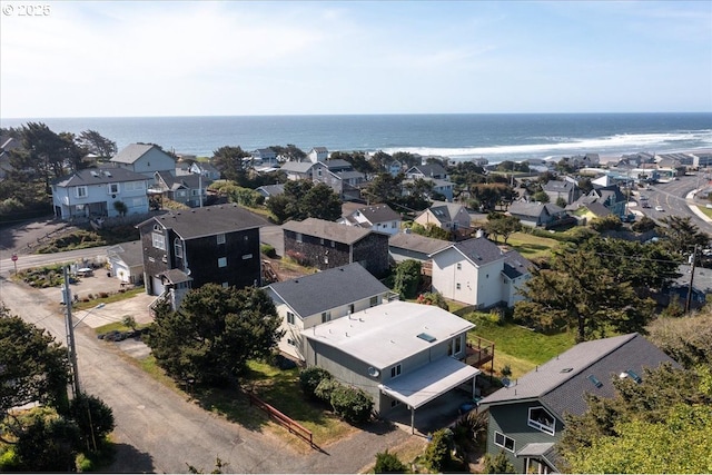 aerial view of residential area with a large body of water