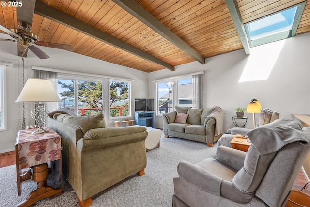 living room featuring ceiling fan, plenty of natural light, wood ceiling, and a skylight